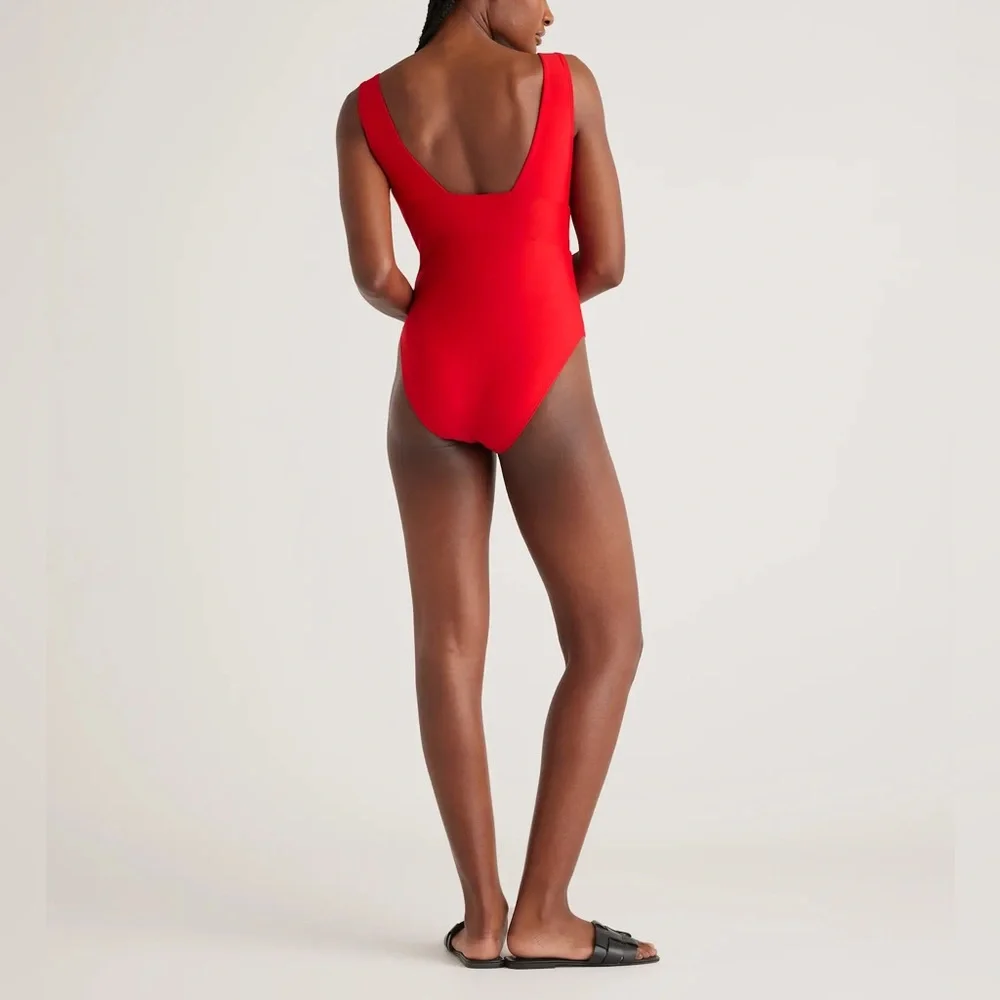 NWT Quince Cherry Red Women’s Italian Plunge One-Piece Swimsuit Sz XS S M L 🍒 - Picture 2 of 13
